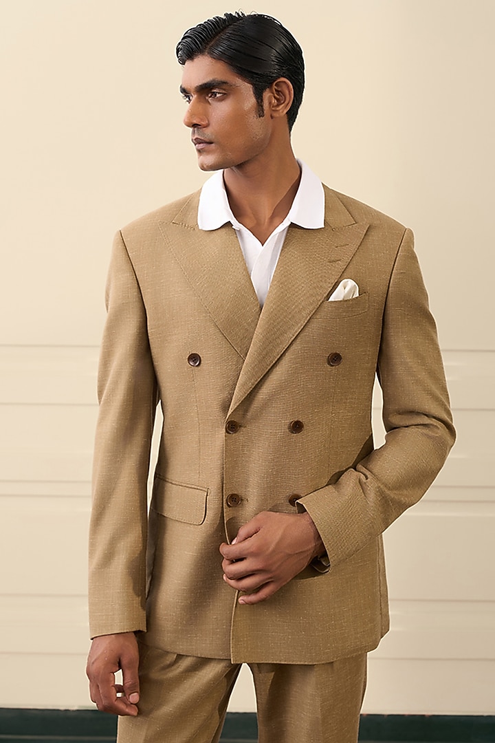 Taupe Wool Blend Double-Breasted Blazer Set by Gargee Designers at Pernia's Pop Up Shop