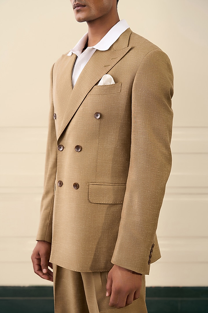 Taupe Wool Blend Double-Breasted Blazer Set by Gargee Designers at Pernia's Pop Up Shop