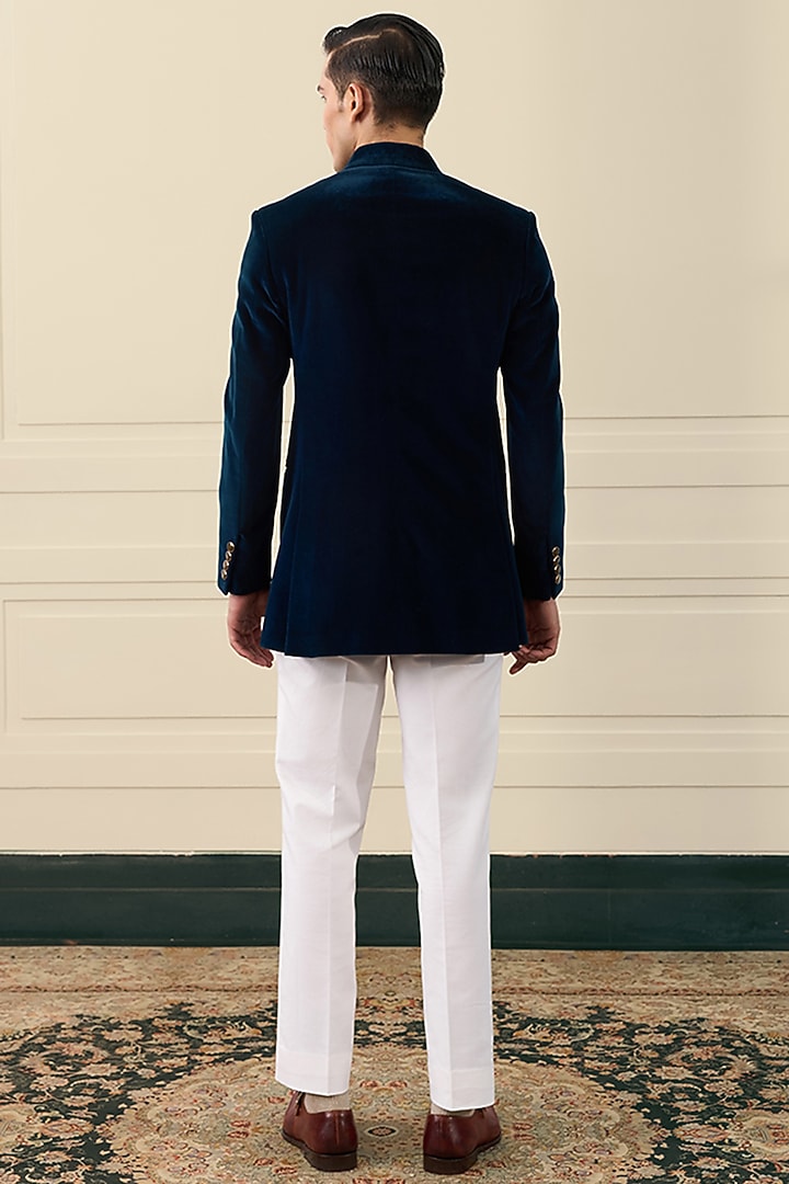 Midnight Blue Cotton Velvet Embroidered Wedding Bandhgala Jacket by Gargee Designers at Pernia's Pop Up Shop