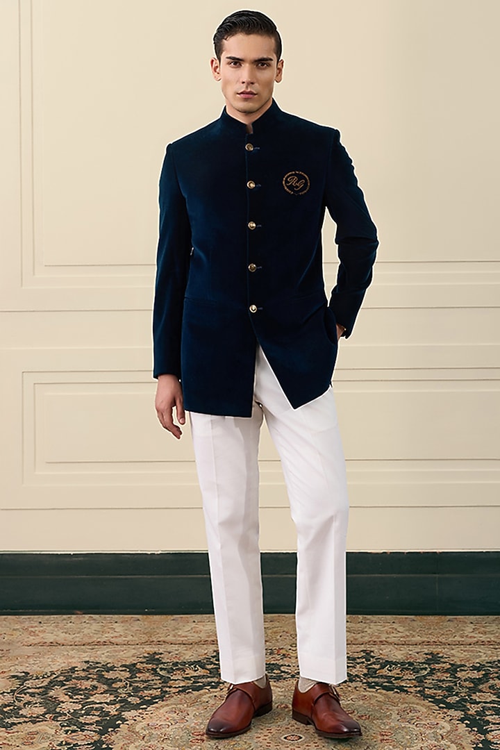 Midnight Blue Cotton Velvet Embroidered Wedding Bandhgala Jacket by Gargee Designers at Pernia's Pop Up Shop