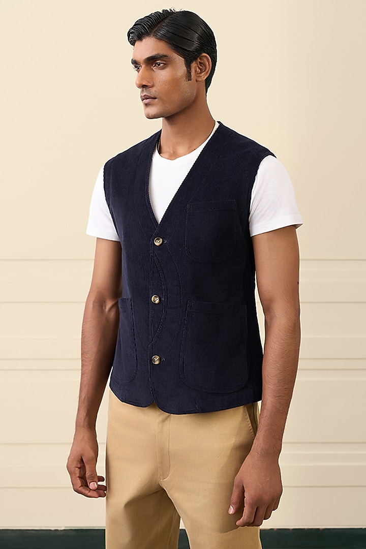Midnight Navy Cotton Corduroy Waistcoat by Gargee Designers at Pernia's Pop Up Shop