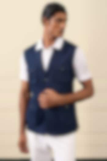Midnight Blue Cotton Suiting Waistcoat by Gargee Designers at Pernia's Pop Up Shop