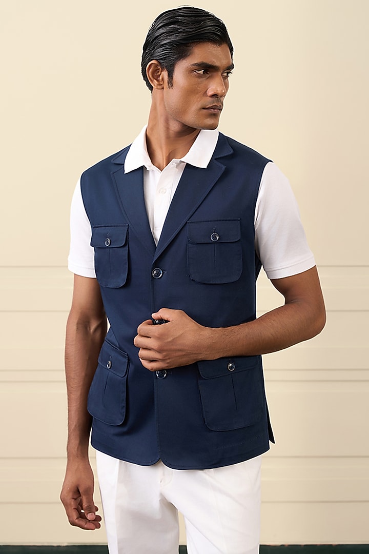 Midnight Blue Cotton Suiting Waistcoat by Gargee Designers at Pernia's Pop Up Shop