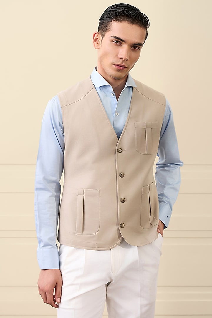Sand Beige Cotton Suiting Waistcoat by Gargee Designers at Pernia's Pop Up Shop