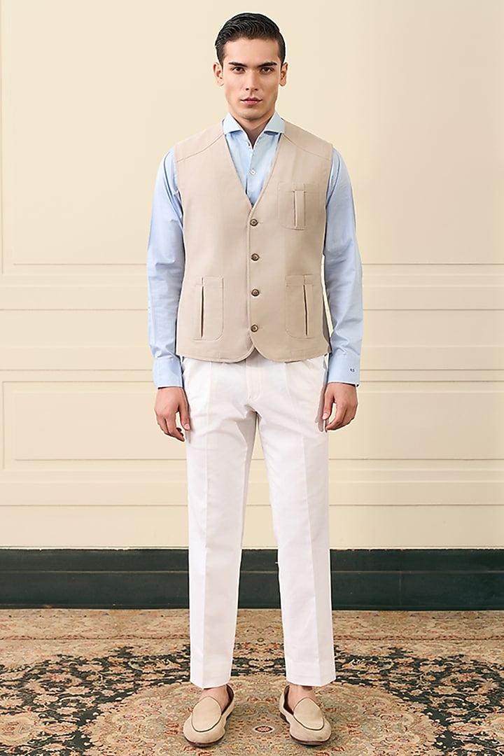 Sand Beige Cotton Suiting Waistcoat by Gargee Designers at Pernia's Pop Up Shop