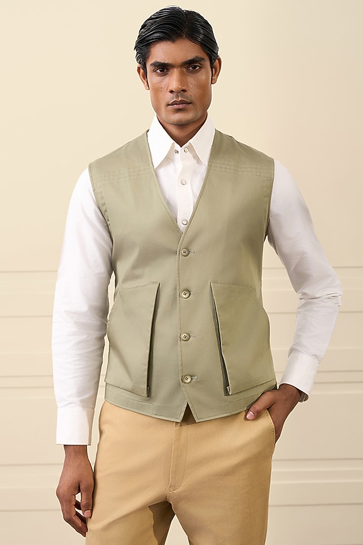 Sage Green Cotton Suiting Utility Vest by Gargee Designers at Pernia's Pop Up Shop