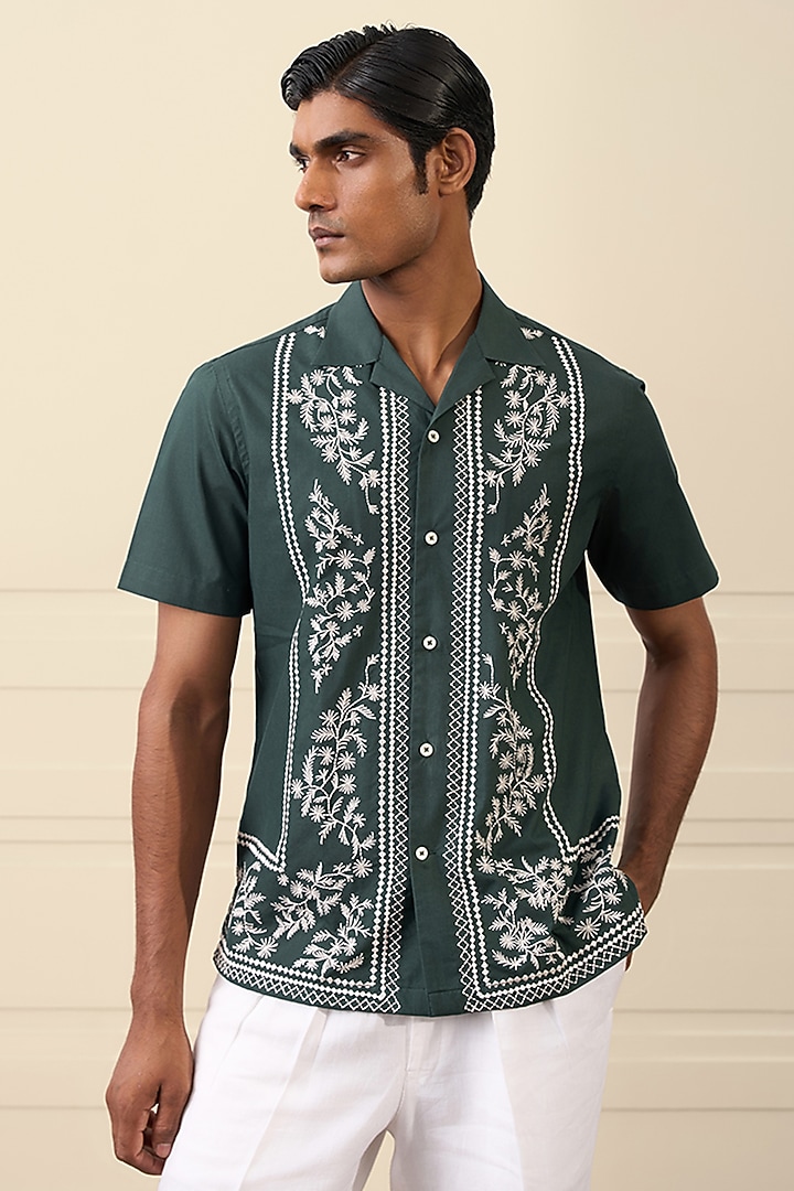 Emerald Green Cotton Blend Thread Embroidered Party Wear Shirt by Gargee Designers at Pernia's Pop Up Shop