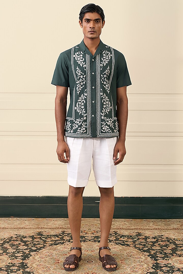 Emerald Green Cotton Blend Thread Embroidered Party Wear Shirt by Gargee Designers at Pernia's Pop Up Shop