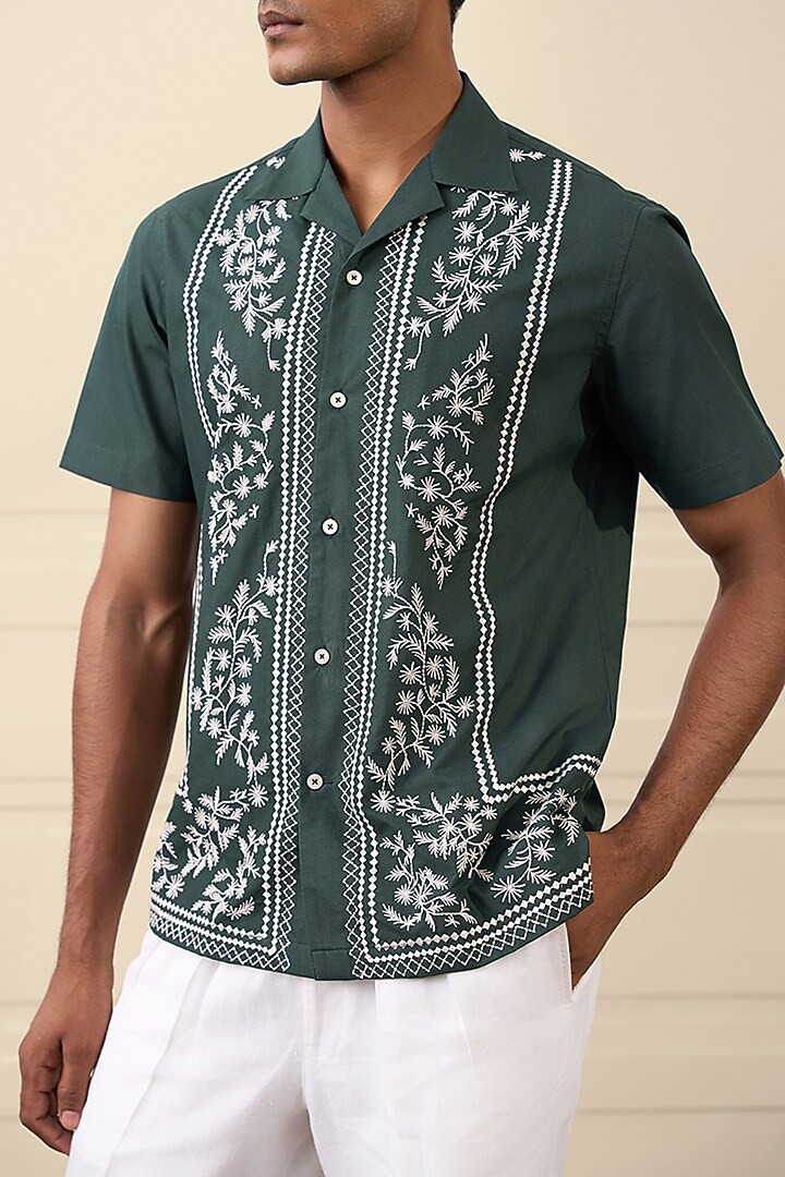 Emerald Green Cotton Blend Thread Embroidered Party Wear Shirt by Gargee Designers at Pernia's Pop Up Shop