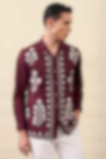 Maroon Cotton Blend Floral Thread Embroidered Party Wear Shirt by Gargee Designers at Pernia's Pop Up Shop