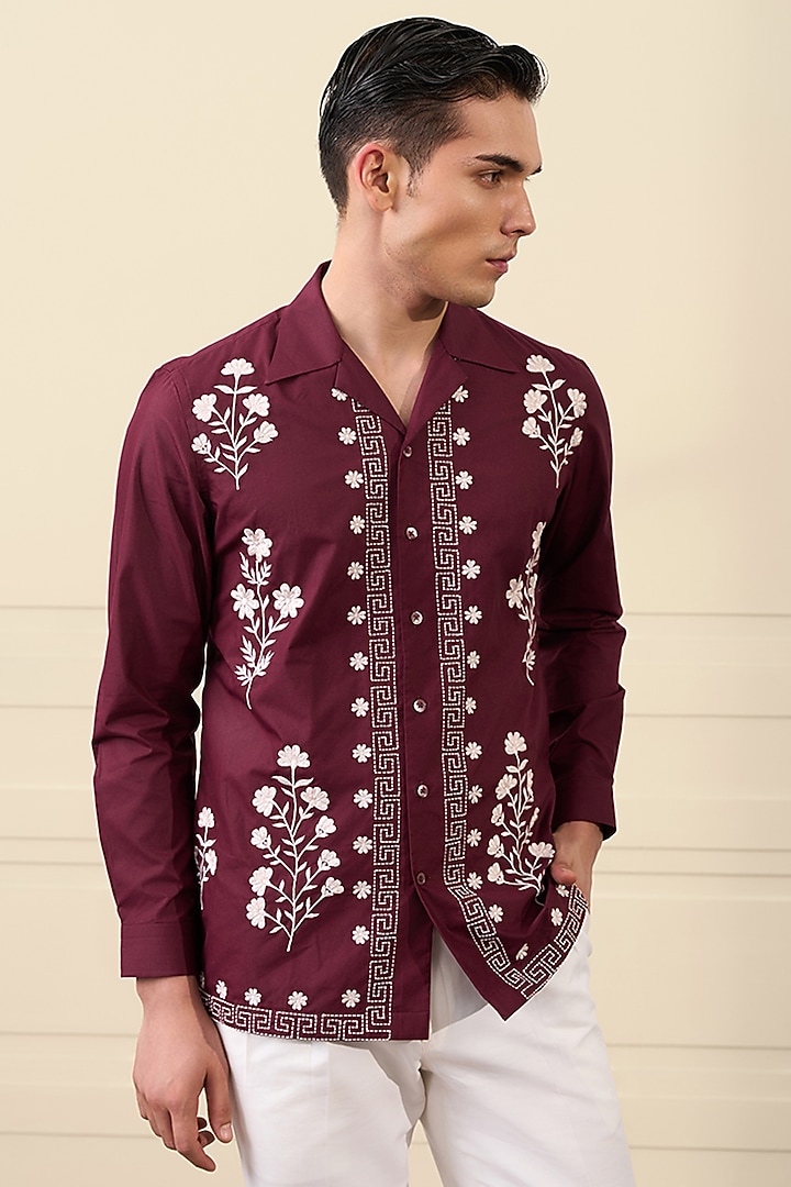 Maroon Cotton Blend Floral Thread Embroidered Party Wear Shirt by Gargee Designers at Pernia's Pop Up Shop