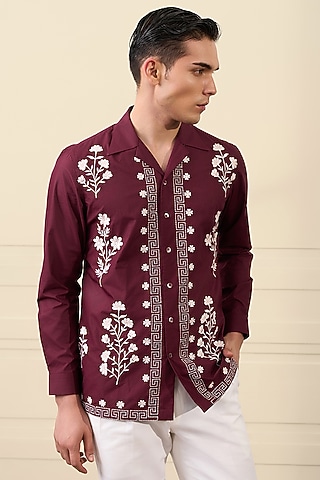 Maroon Cotton Blend Floral Thread Embroidered Shirt by Gargee Designers