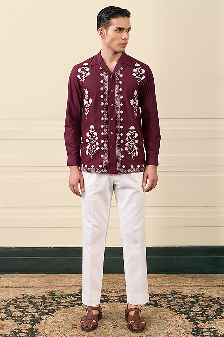 Maroon Cotton Blend Floral Thread Embroidered Party Wear Shirt by Gargee Designers at Pernia's Pop Up Shop