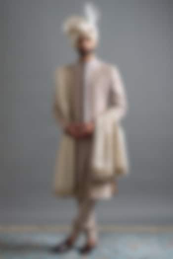 Slate Grey Jacquard Groom Sherwani Set by Gargee Designers at Pernia's Pop Up Shop