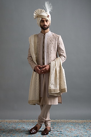 Slate Grey Jacquard Sherwani Set by Gargee Designers