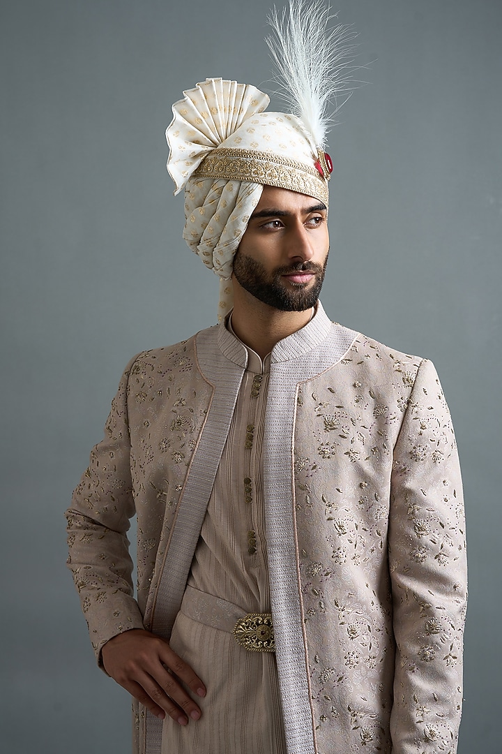 Slate Grey Jacquard Groom Sherwani Set by Gargee Designers at Pernia's Pop Up Shop