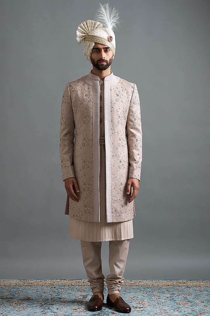Slate Grey Jacquard Groom Sherwani Set by Gargee Designers at Pernia's Pop Up Shop