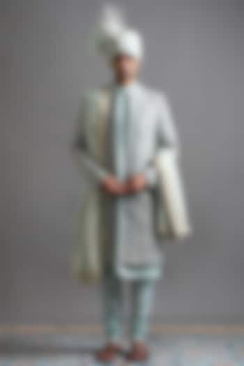 Mint Green Jacquard Dabka Embroidered Groom Sherwani Set by Gargee Designers at Pernia's Pop Up Shop