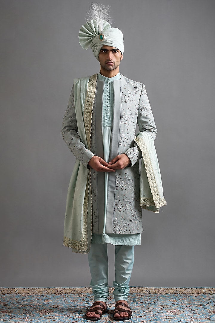 Mint Green Jacquard Dabka Embroidered Groom Sherwani Set by Gargee Designers at Pernia's Pop Up Shop
