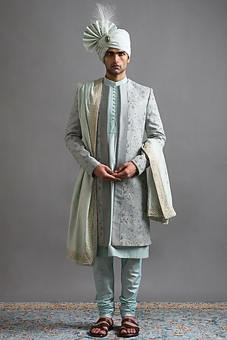 Mint Green Jacquard Dabka Embroidered Sherwani Set by Gargee Designers