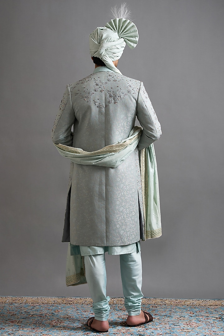 Mint Green Jacquard Dabka Embroidered Groom Sherwani Set by Gargee Designers at Pernia's Pop Up Shop