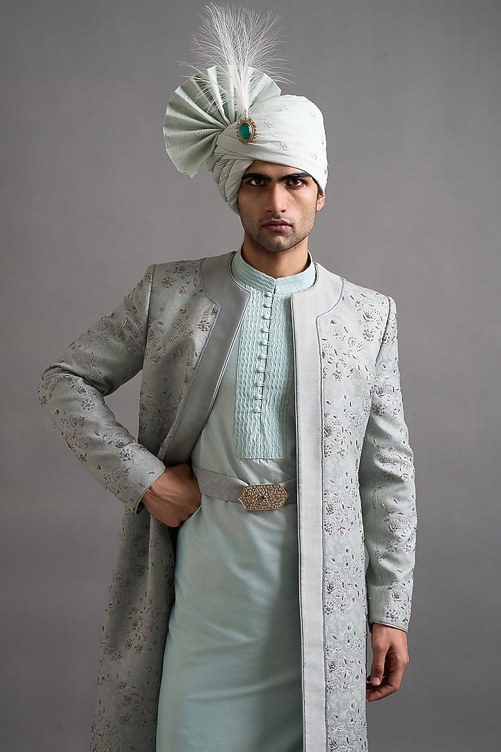Mint Green Jacquard Dabka Embroidered Groom Sherwani Set by Gargee Designers at Pernia's Pop Up Shop