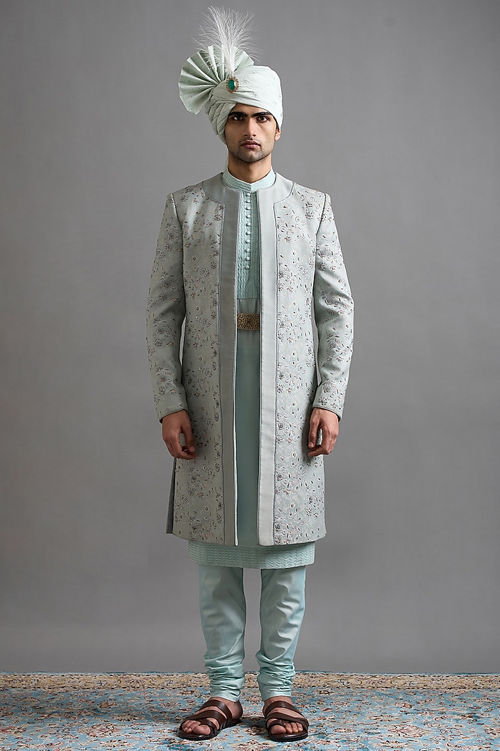 Mint Green Jacquard Dabka Embroidered Groom Sherwani Set by Gargee Designers at Pernia's Pop Up Shop
