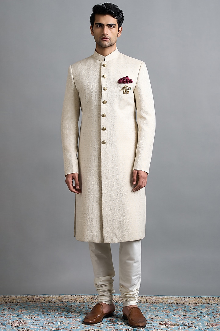Ivory Jacquard Wedding Sherwani Set by Gargee Designers at Pernia's Pop Up Shop