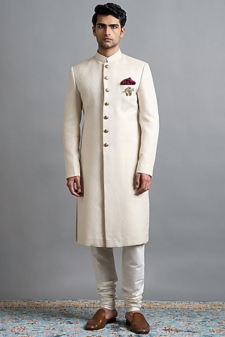Ivory Jacquard Sherwani Set by Gargee Designers