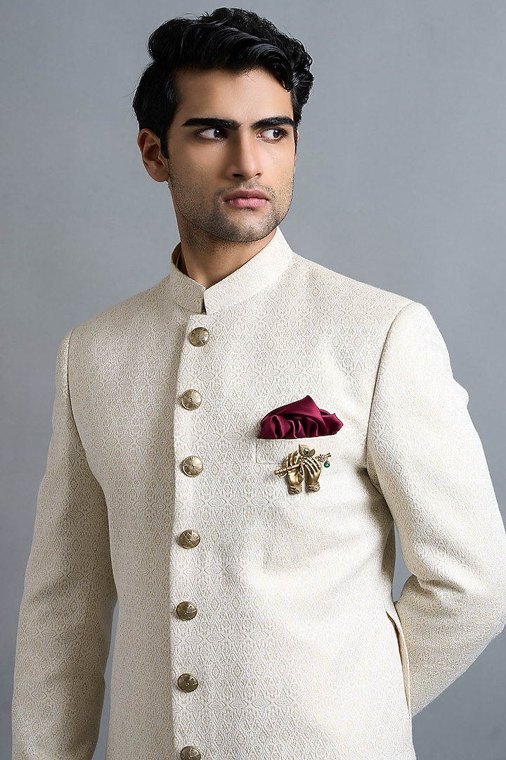 Ivory Jacquard Wedding Sherwani Set by Gargee Designers at Pernia's Pop Up Shop