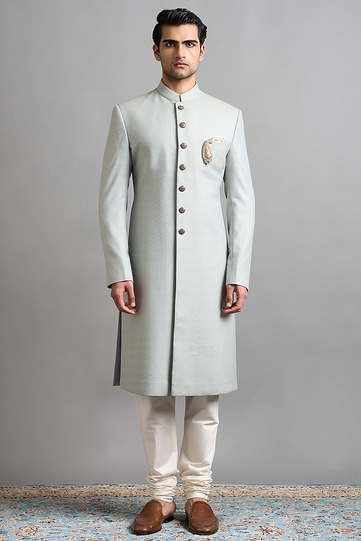 Powder Green Jacquard Wedding Sherwani Set by Gargee Designers at Pernia's Pop Up Shop