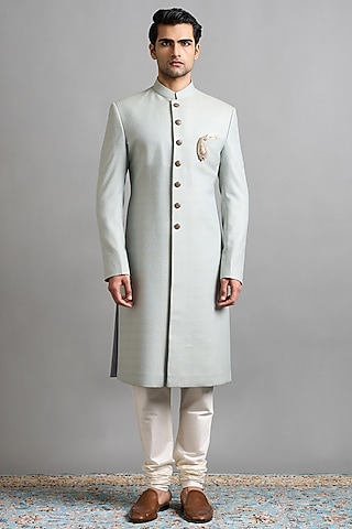 Powder Green Jacquard Sherwani Set by Gargee Designers