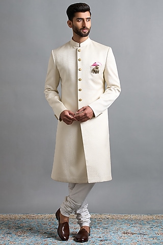 Cream Ivory Jacquard Sherwani Set by Gargee Designers