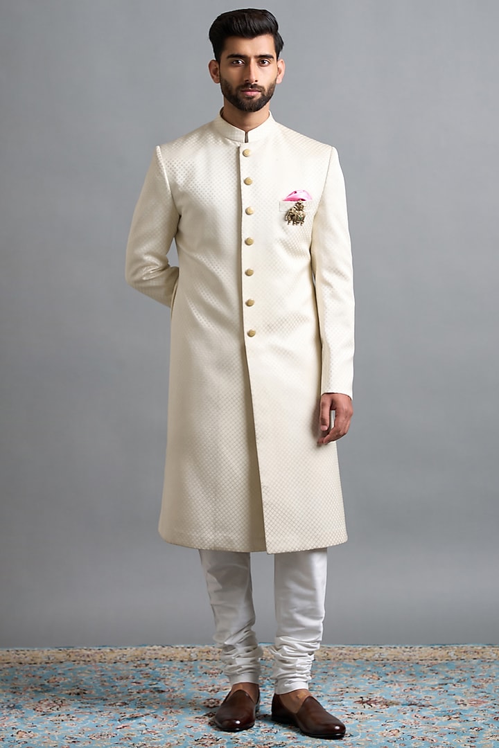 Cream Ivory Jacquard Wedding Sherwani Set by Gargee Designers at Pernia's Pop Up Shop