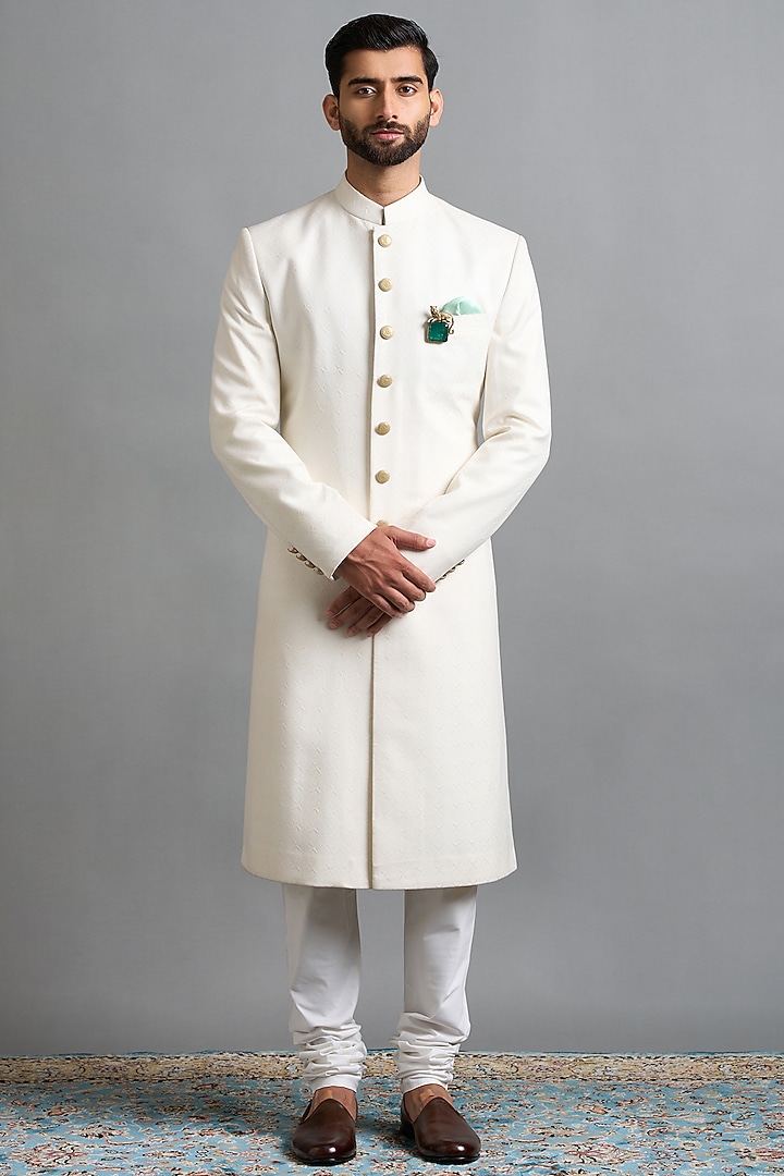 Ivory Jacquard Wedding Sherwani Set by Gargee Designers at Pernia's Pop Up Shop