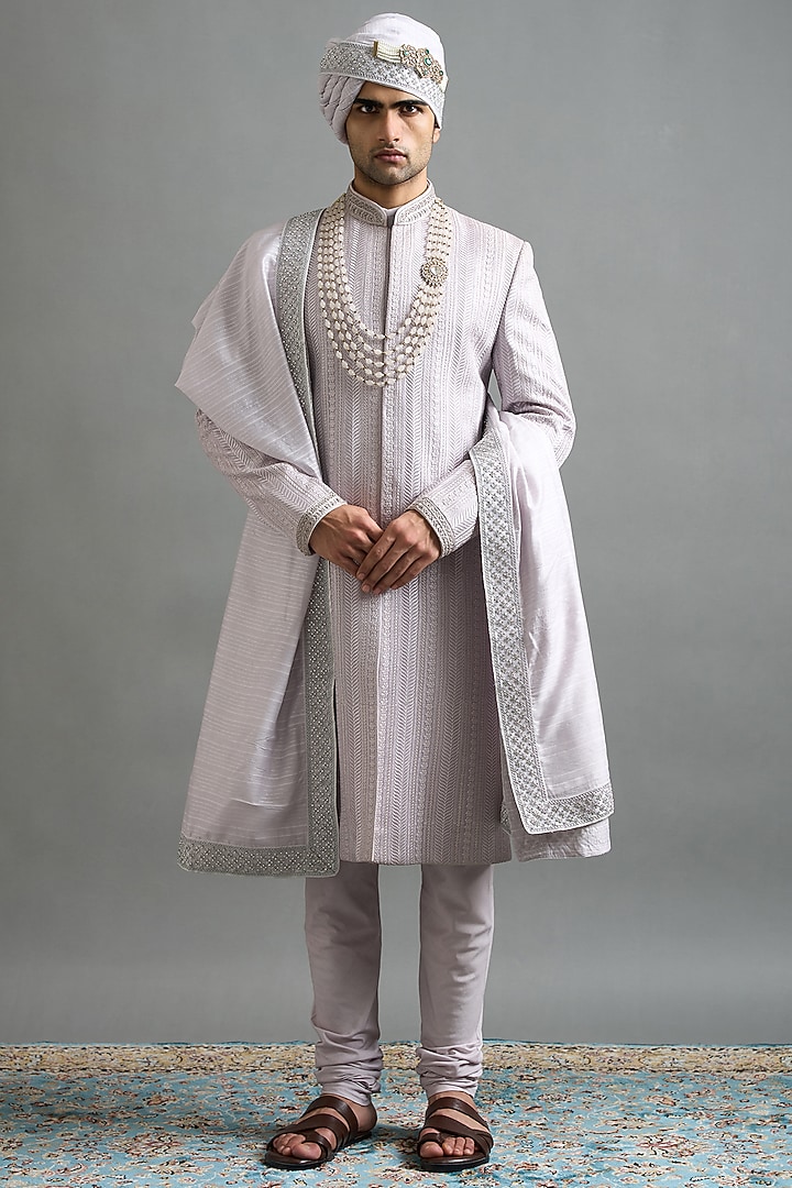 Lavender-Grey Chanderi Threadwork Wedding Sherwani Set by Gargee Designers at Pernia's Pop Up Shop