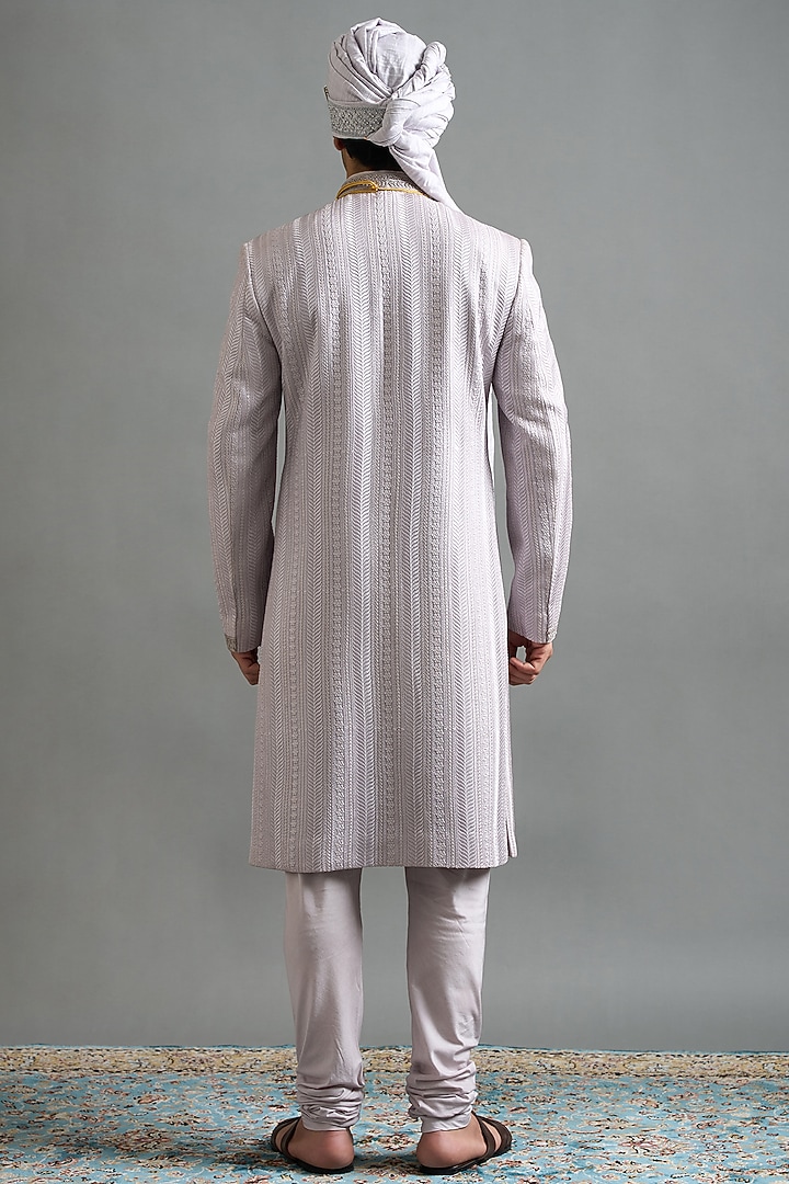 Lavender-Grey Chanderi Threadwork Wedding Sherwani Set by Gargee Designers at Pernia's Pop Up Shop