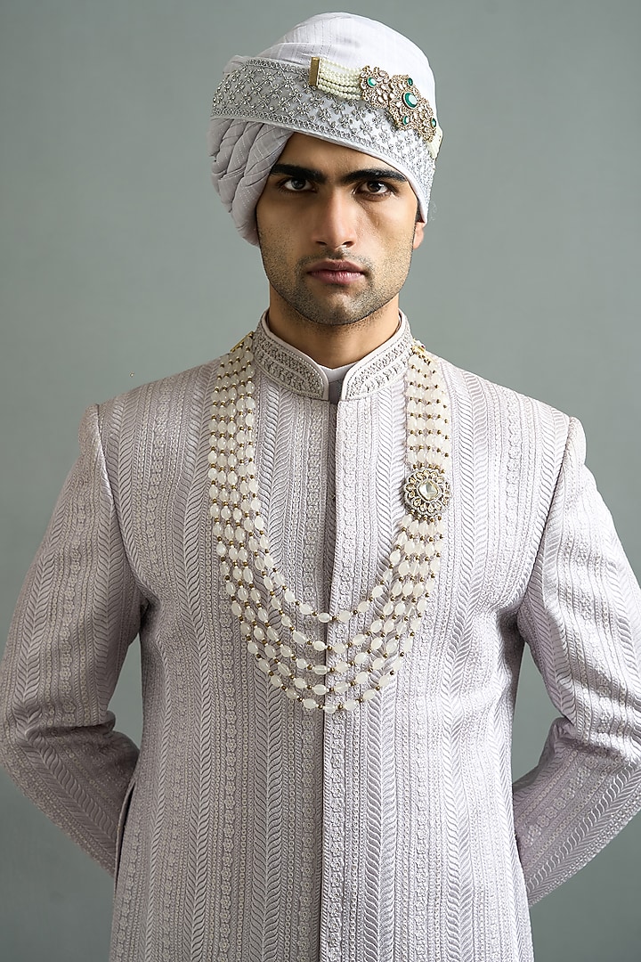 Lavender-Grey Chanderi Threadwork Wedding Sherwani Set by Gargee Designers at Pernia's Pop Up Shop