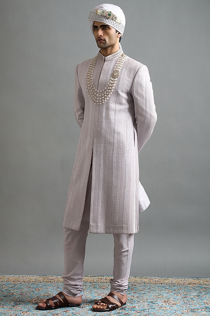 Lavender-Grey Chanderi Threadwork Wedding Sherwani Set by Gargee Designers at Pernia's Pop Up Shop