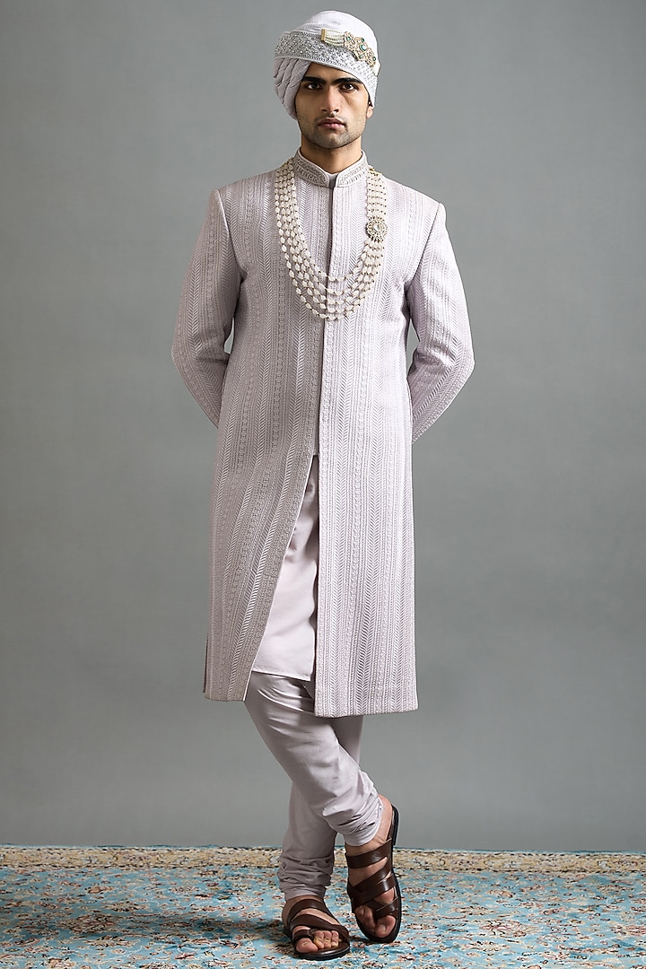 Lavender-Grey Chanderi Threadwork Wedding Sherwani Set by Gargee Designers at Pernia's Pop Up Shop