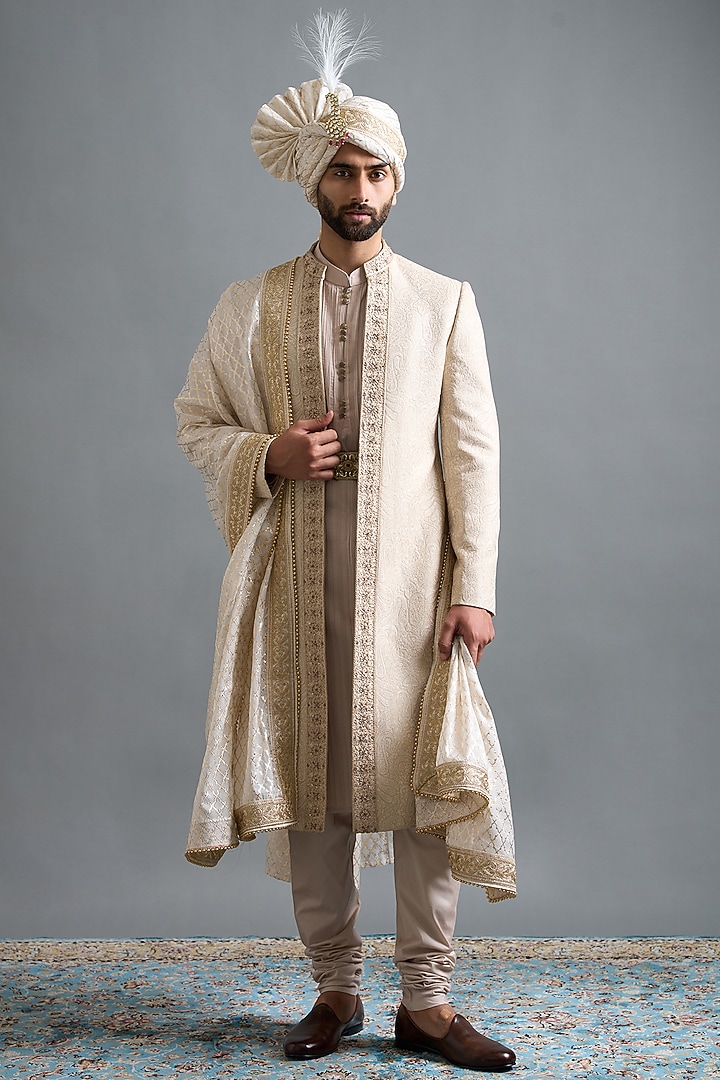 Ivory-Beige Chanderi Silk Threadwork Wedding Sherwani Set by Gargee Designers at Pernia's Pop Up Shop