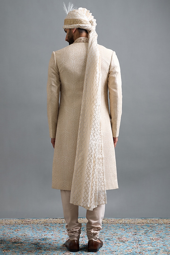 Ivory-Beige Chanderi Silk Threadwork Wedding Sherwani Set by Gargee Designers at Pernia's Pop Up Shop