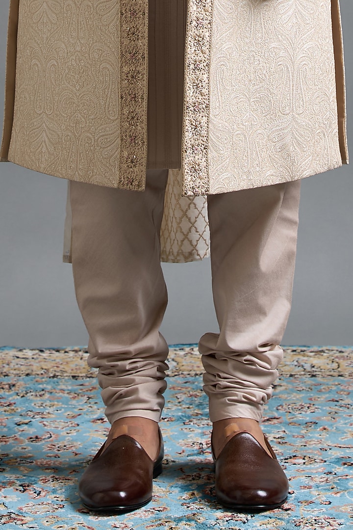 Ivory-Beige Chanderi Silk Threadwork Wedding Sherwani Set by Gargee Designers at Pernia's Pop Up Shop