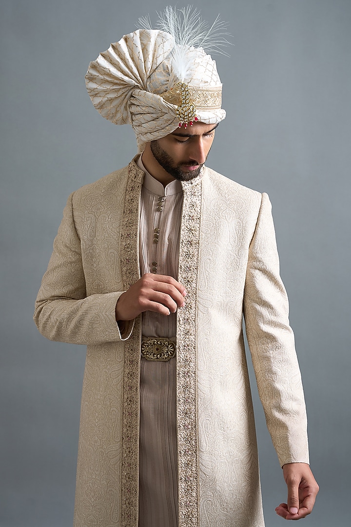 Ivory-Beige Chanderi Silk Threadwork Wedding Sherwani Set by Gargee Designers at Pernia's Pop Up Shop