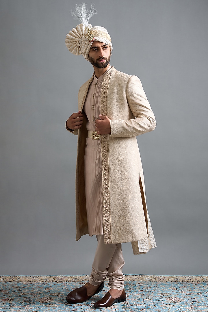 Ivory-Beige Chanderi Silk Threadwork Wedding Sherwani Set by Gargee Designers at Pernia's Pop Up Shop