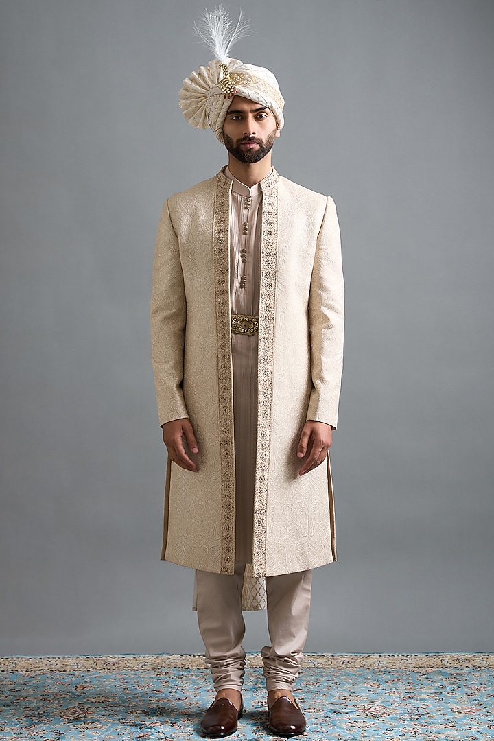 Ivory-Beige Chanderi Silk Threadwork Wedding Sherwani Set by Gargee Designers at Pernia's Pop Up Shop