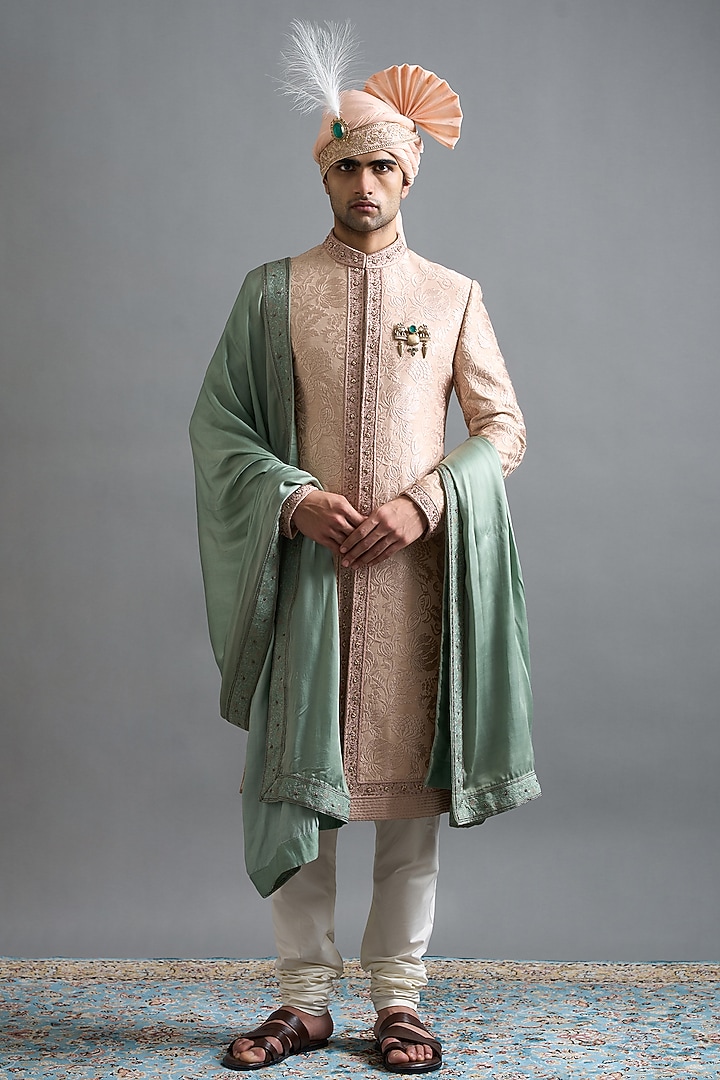 Rose Peach Cotton Silk Embroidered Wedding Sherwani Set by Gargee Designers at Pernia's Pop Up Shop