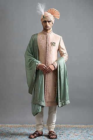Rose Peach Cotton Silk Embroidered Sherwani Set by Gargee Designers