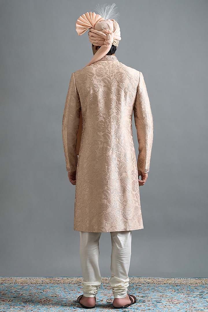 Rose Peach Cotton Silk Embroidered Wedding Sherwani Set by Gargee Designers at Pernia's Pop Up Shop
