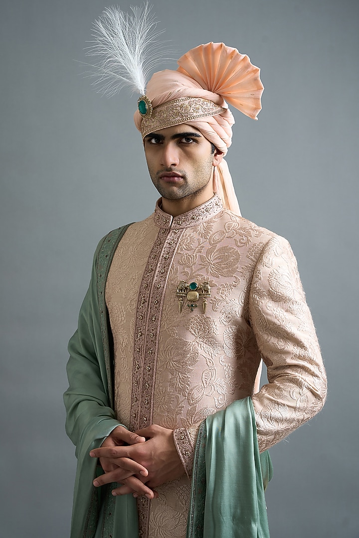 Rose Peach Cotton Silk Embroidered Wedding Sherwani Set by Gargee Designers at Pernia's Pop Up Shop